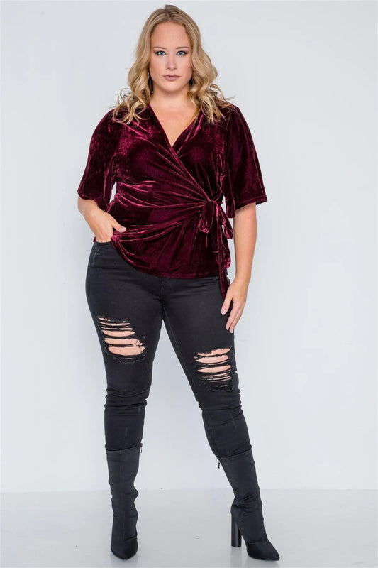 Plus Size Burgundy Velvet Short Sleeve Side Tie Top /3-3 - Tasha Apparel Wholesale