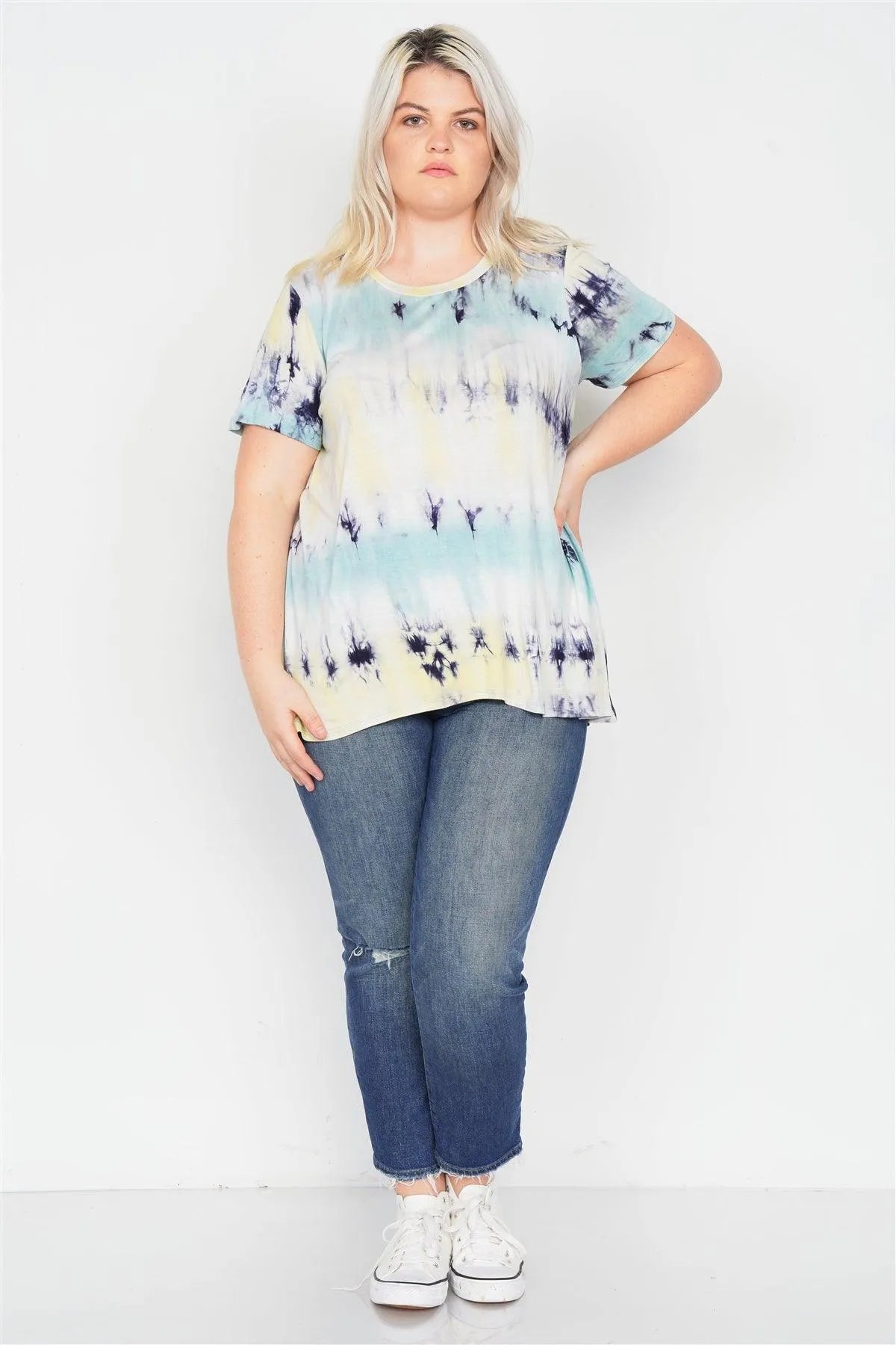 Plus Size Blue Yellow Tie Dye Retro Basic Short Sleeve Top /1-2-1-1 - Tasha Apparel Wholesale