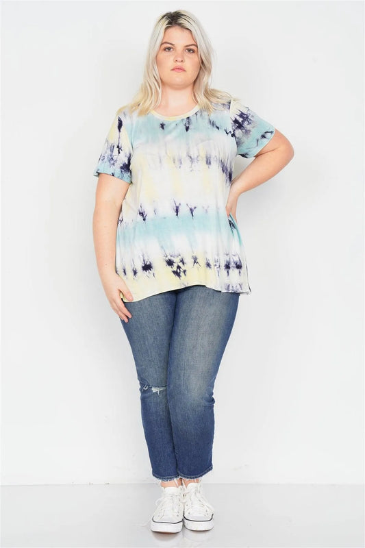 Plus Size Blue Yellow Tie Dye Retro Basic Short Sleeve Top /1-2-1-1 - Tasha Apparel Wholesale