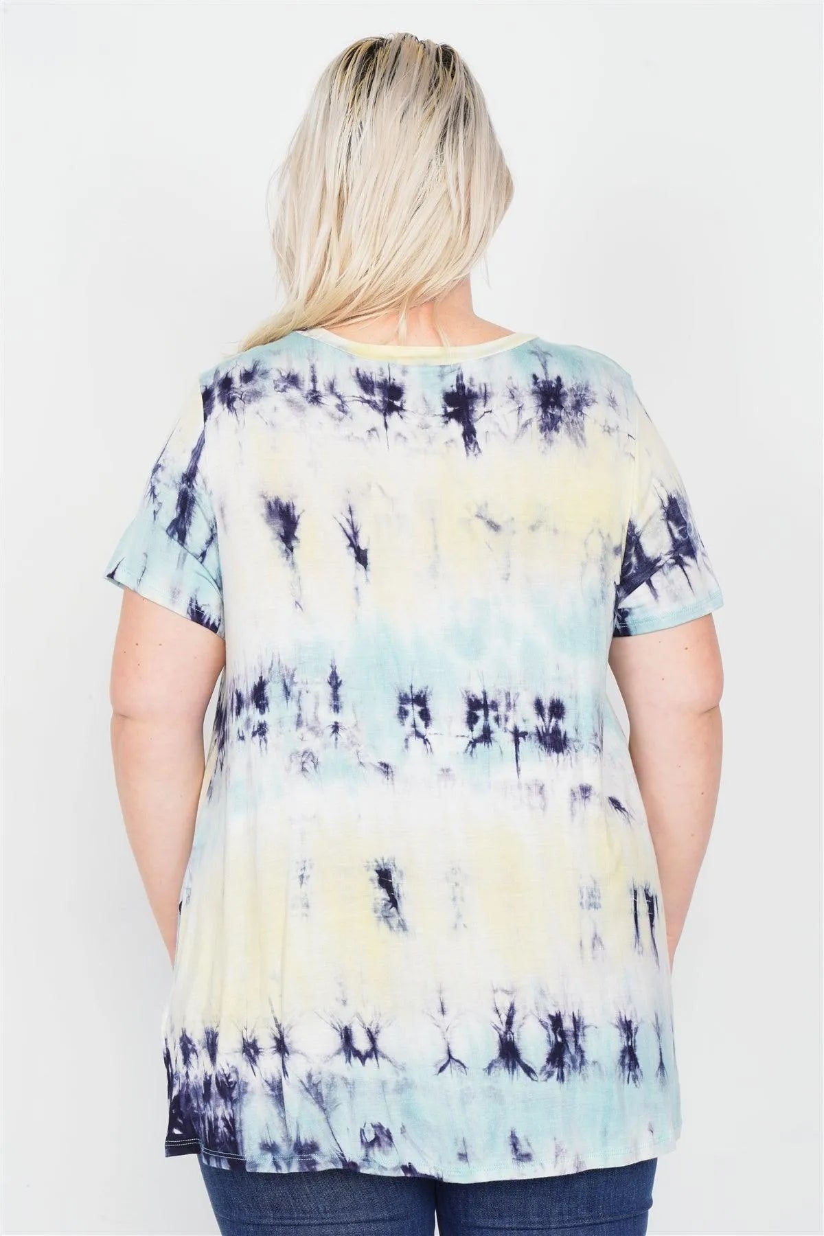 Plus Size Blue Yellow Tie Dye Retro Basic Short Sleeve Top /1-2-1-1 - Tasha Apparel Wholesale
