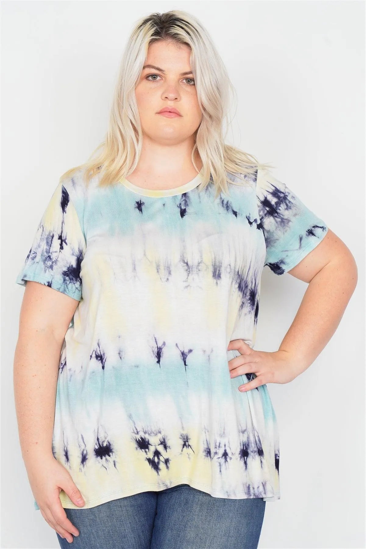 Plus Size Blue Yellow Tie Dye Retro Basic Short Sleeve Top /2-2-1-1 - Tasha Apparel Wholesale