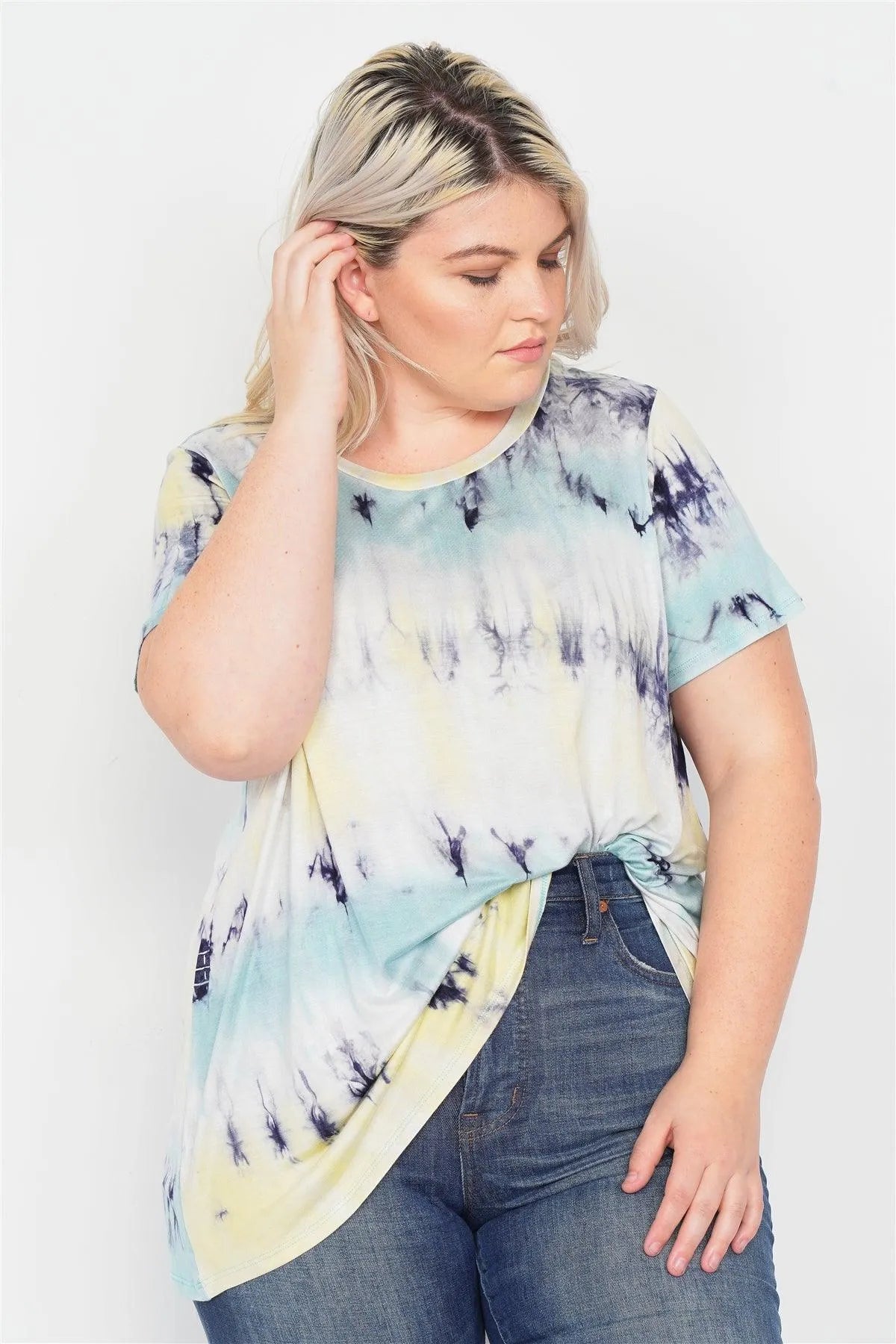 Plus Size Blue Yellow Tie Dye Retro Basic Short Sleeve Top /2-2-1-1 - Tasha Apparel Wholesale