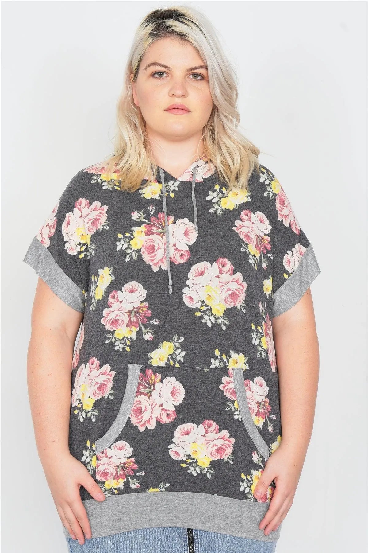 Plus Size Charcoal Mix Floral Print Pull Over Hoodie Sweater - Tasha Apparel Wholesale