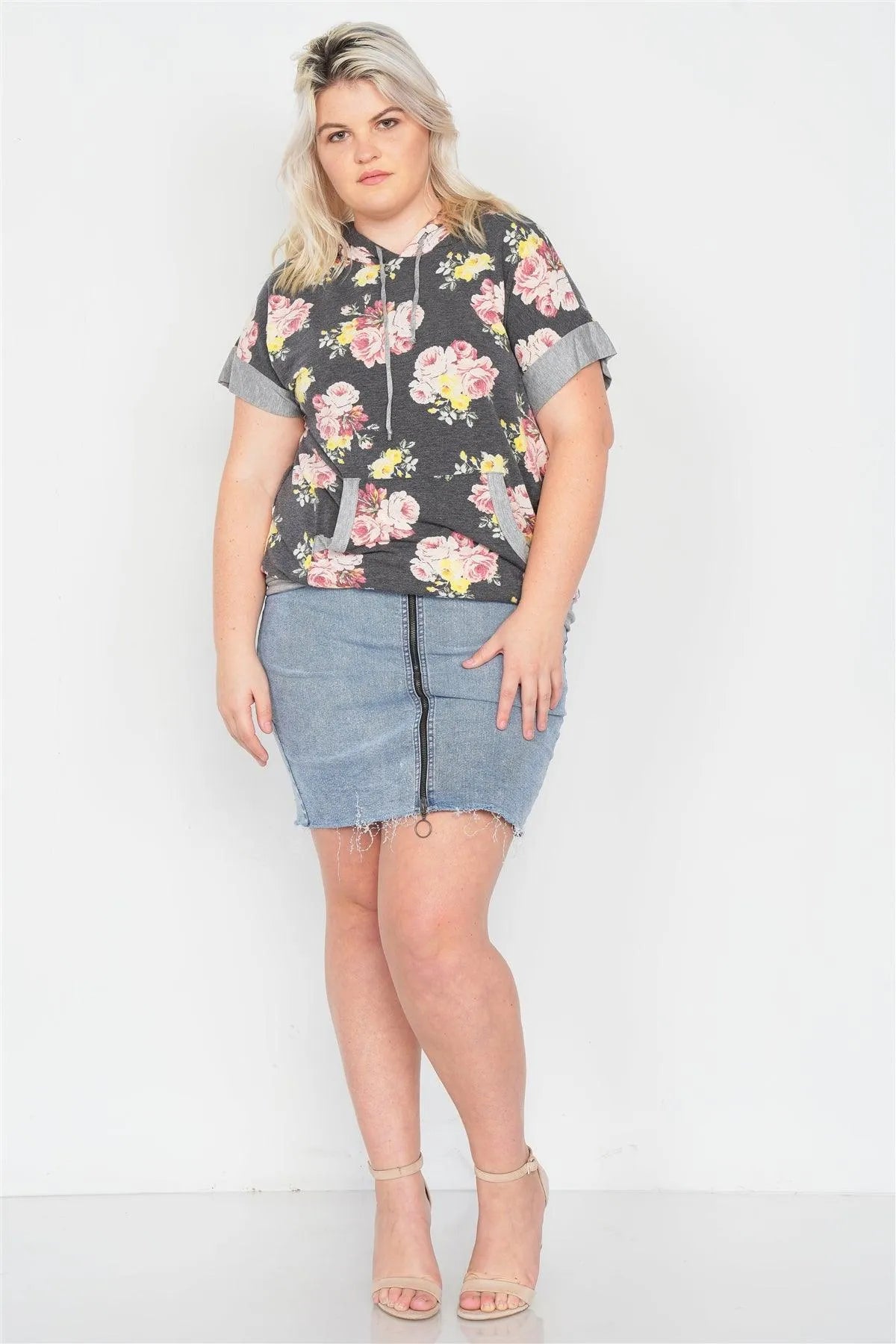 Plus Size Charcoal Mix Floral Print Pull Over Hoodie Sweater - Tasha Apparel Wholesale