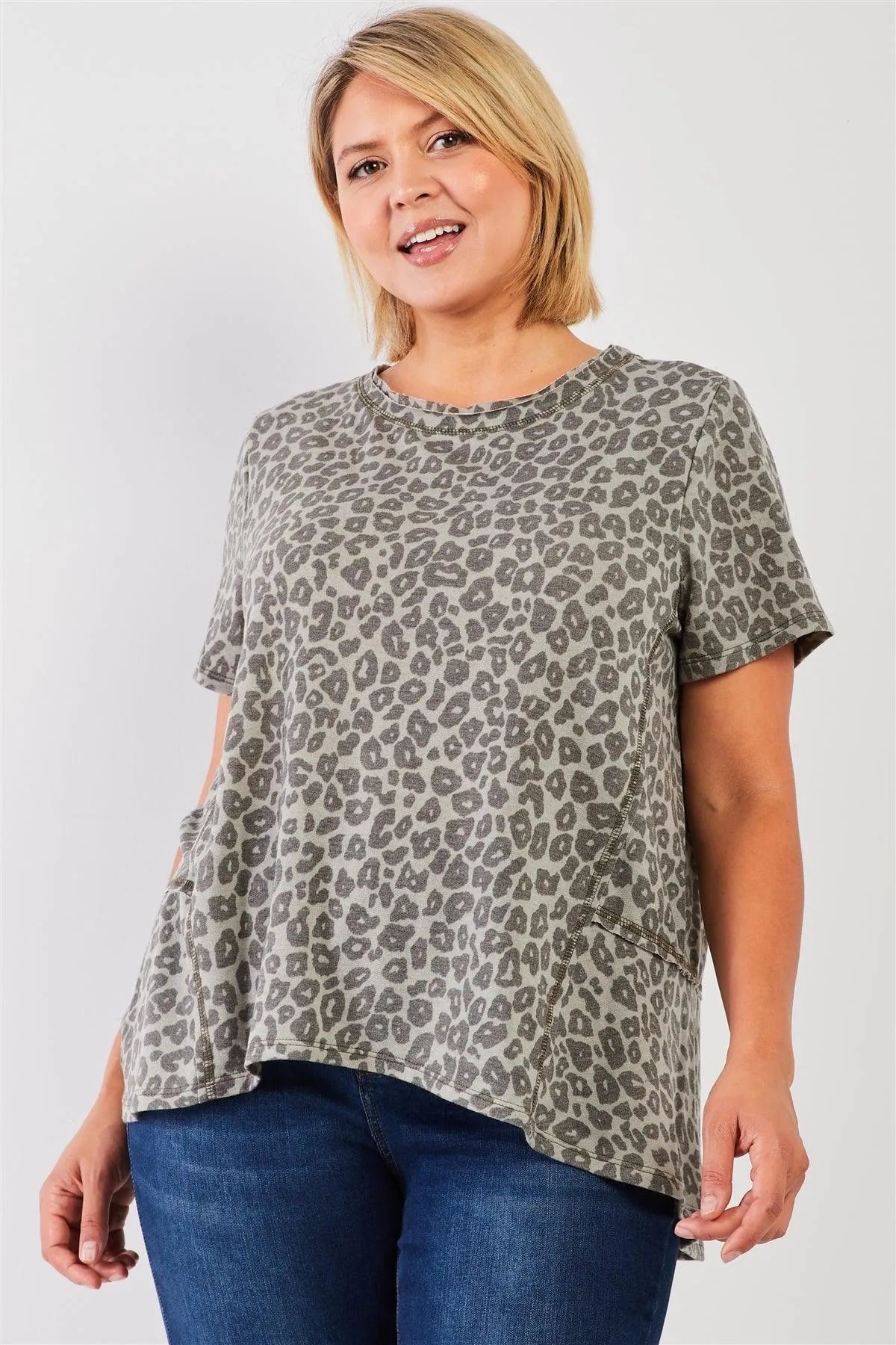 Plus Size Sage Washed Effect Leopard Print Short Sleeve Top /3-2-1 - Tasha Apparel Wholesale