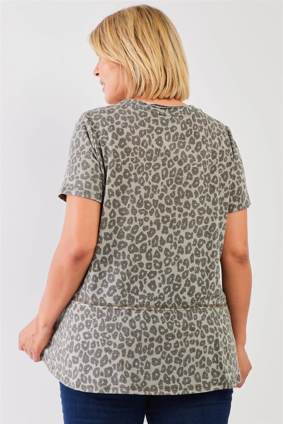 Plus Size Sage Washed Effect Leopard Print Short Sleeve Top /3-2-1 - Tasha Apparel Wholesale