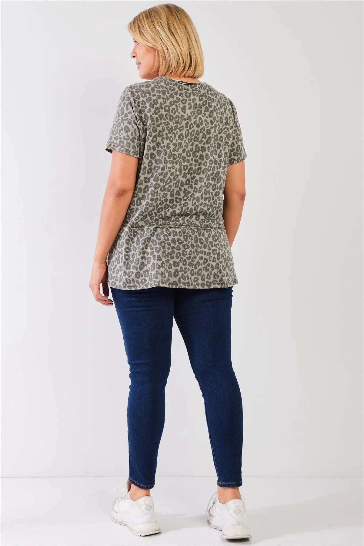 Plus Size Sage Washed Effect Leopard Print Short Sleeve Top /3-2-1 - Tasha Apparel Wholesale
