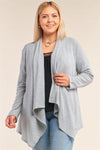 Junior Plus Size Heather Grey Knit Open Front Long Sleeve Asymmetrical Pleated Collar Hem Cardigan