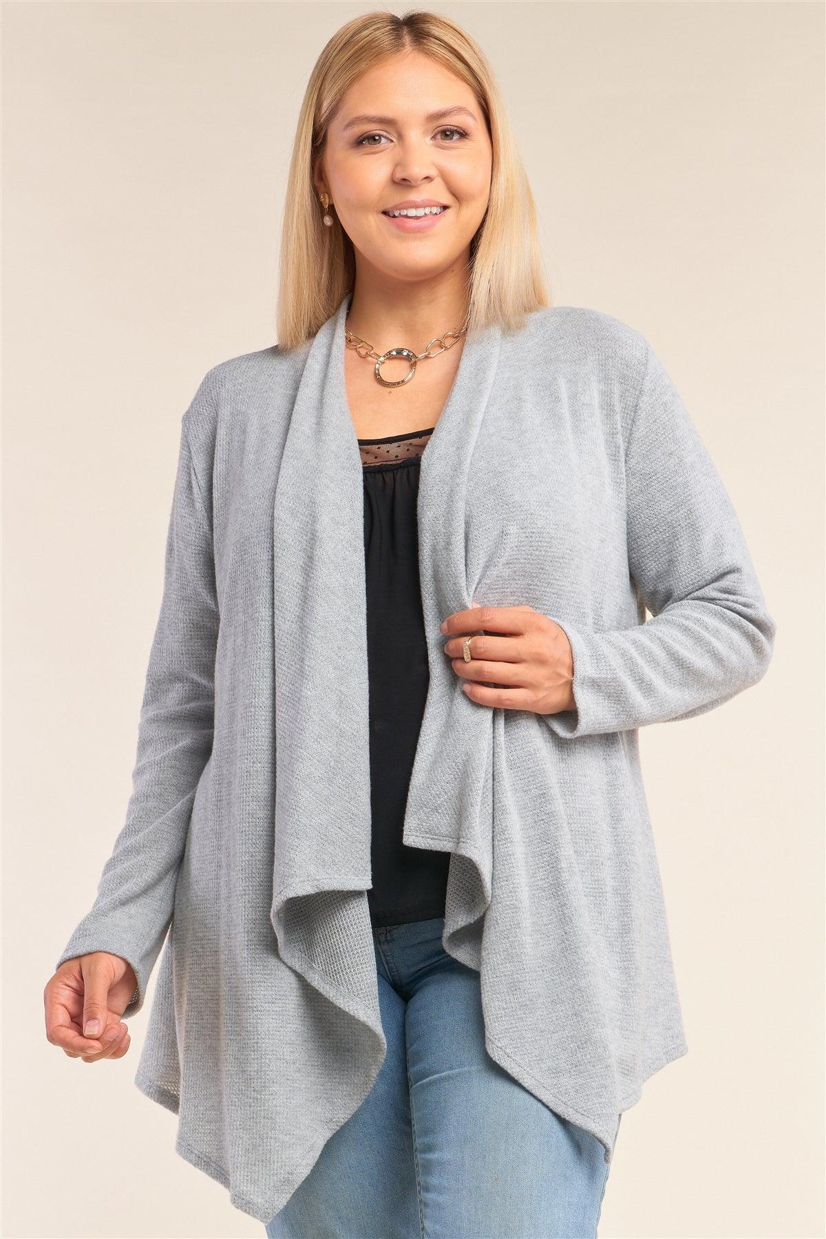Junior Plus Size Heather Grey Knit Open Front Long Sleeve Asymmetrical Pleated Collar Hem Cardigan