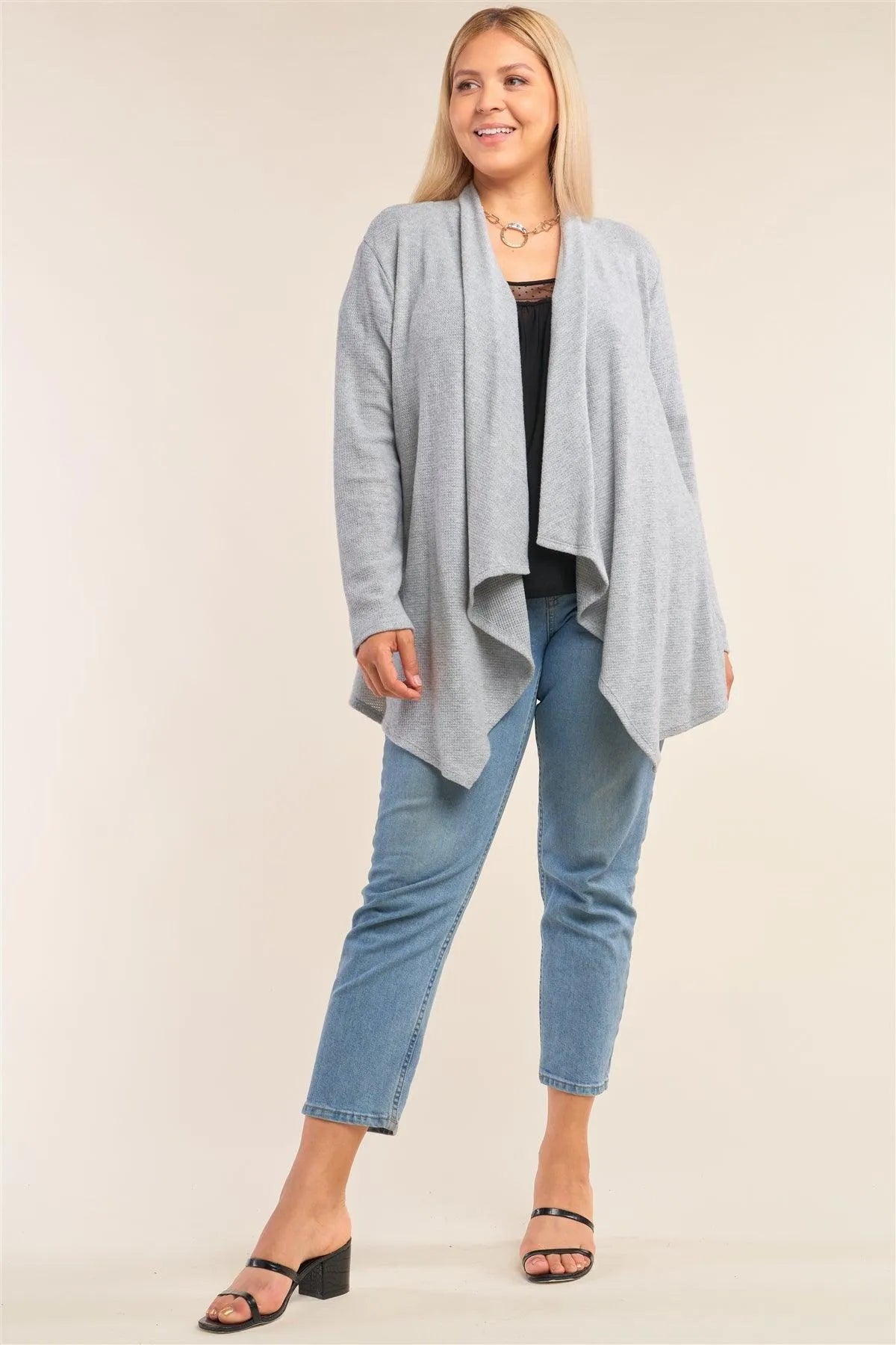 Junior Plus Size Knit Asymmetrical Pleated Collar Hem Cardigan - Tasha Apparel Wholesale