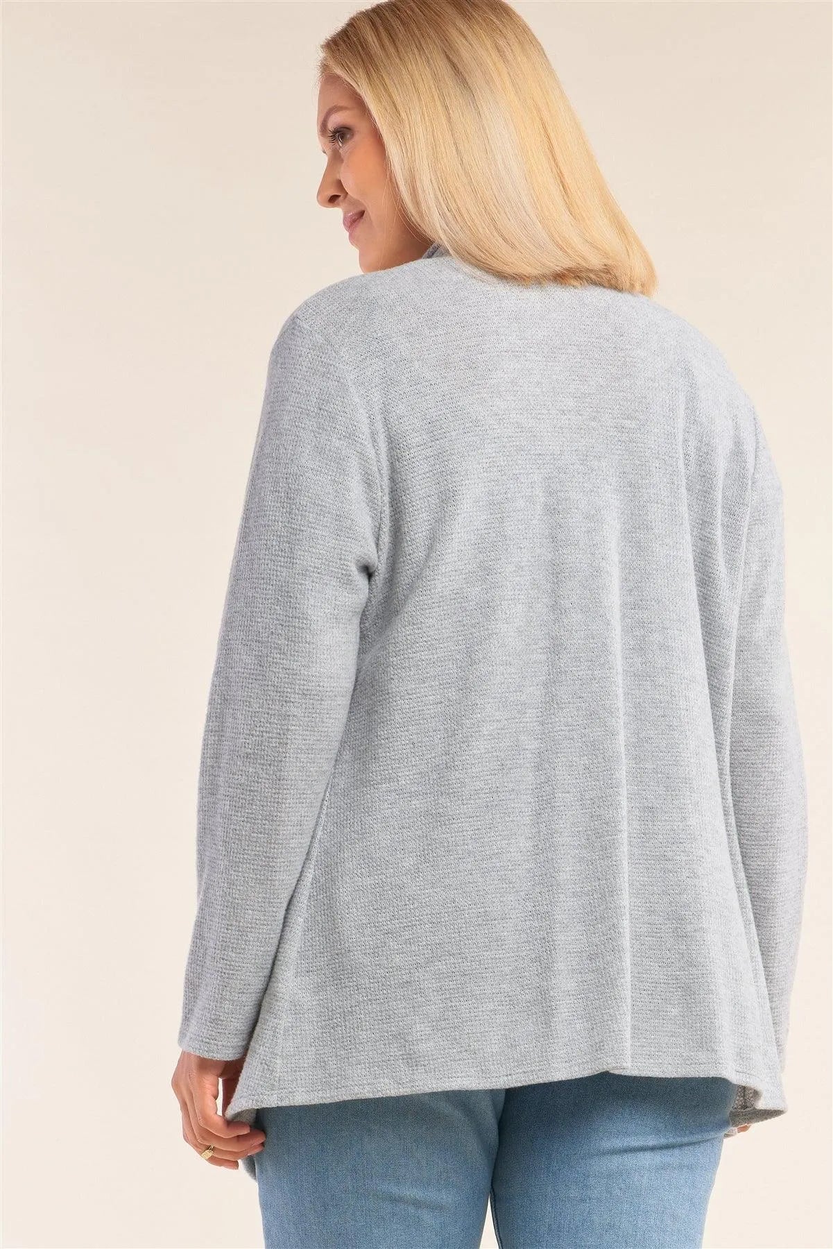 Junior Plus Size Knit Asymmetrical Pleated Collar Hem Cardigan /2-2-1-1 - Tasha Apparel Wholesale