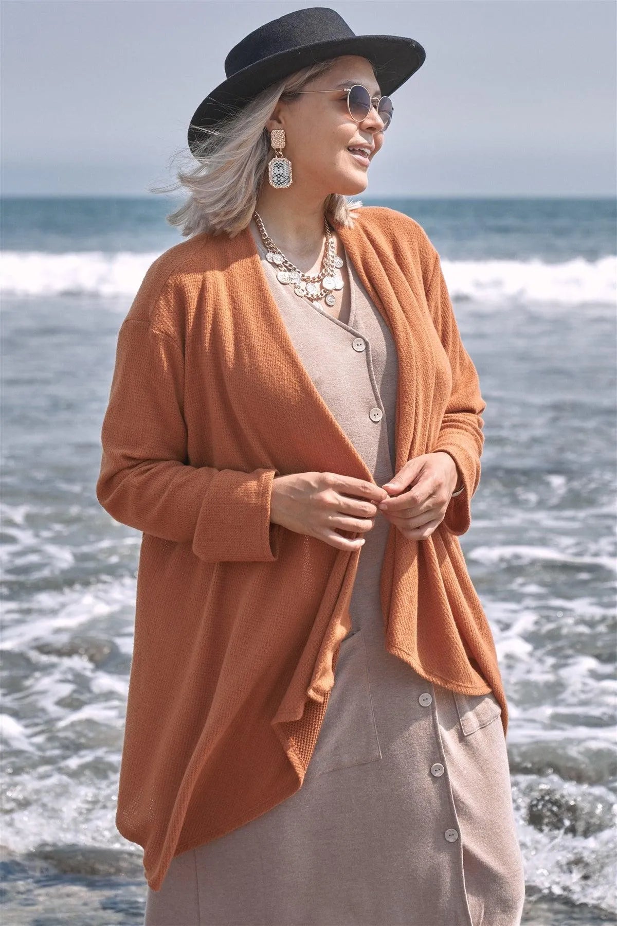 Junior Plus Size Mustard Knit Asymmetrical Pleated Collar Cardigan - Tasha Apparel Wholesale