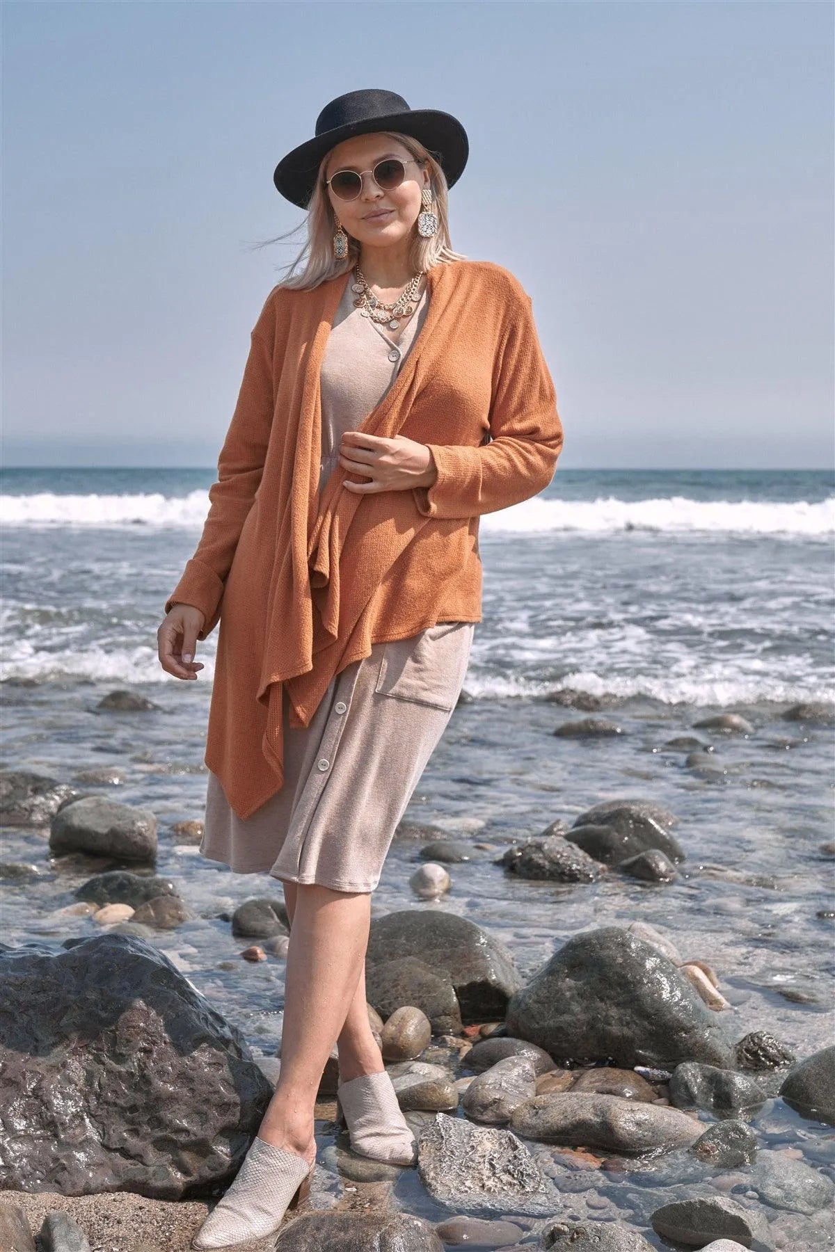 Junior Plus Size Mustard Knit Asymmetrical Pleated Collar Cardigan - Tasha Apparel Wholesale