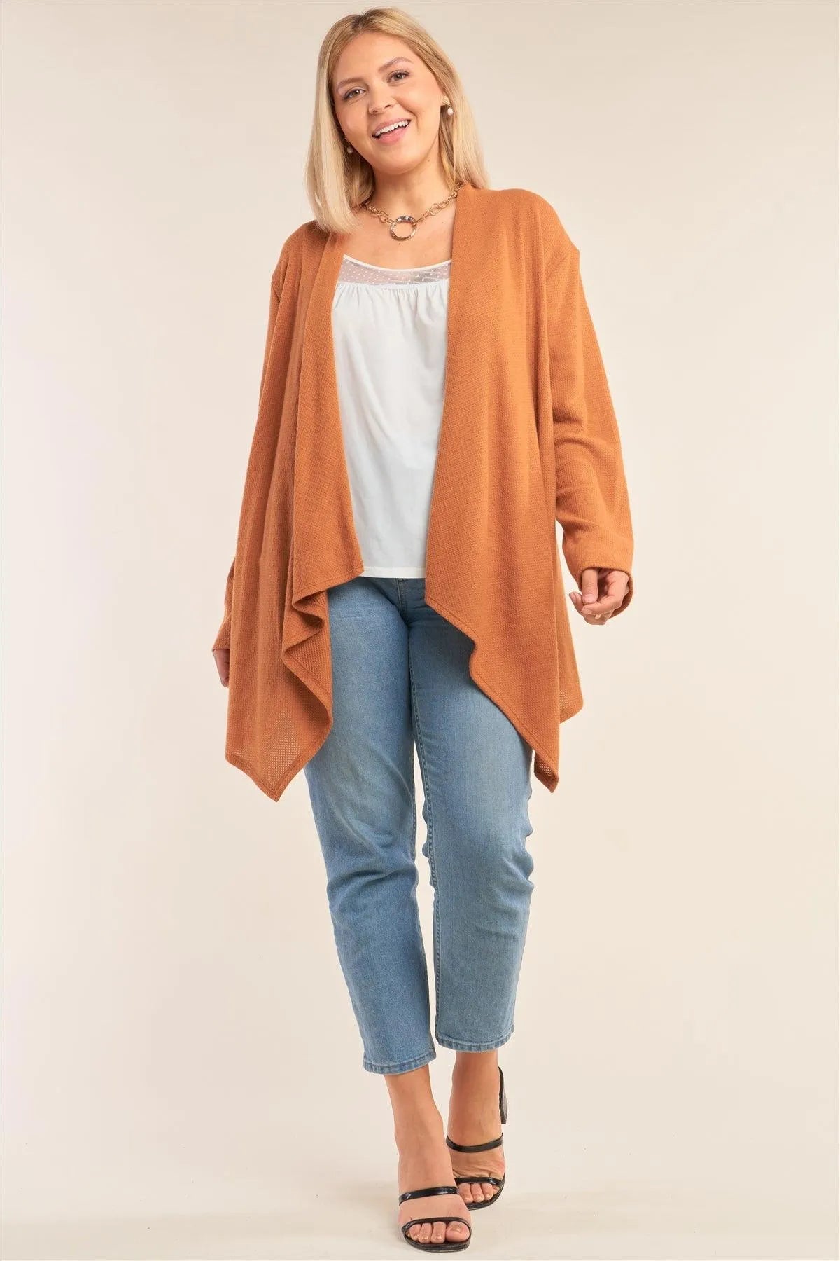 Junior Plus Size Mustard Knit Asymmetrical Pleated Collar Cardigan - Tasha Apparel Wholesale
