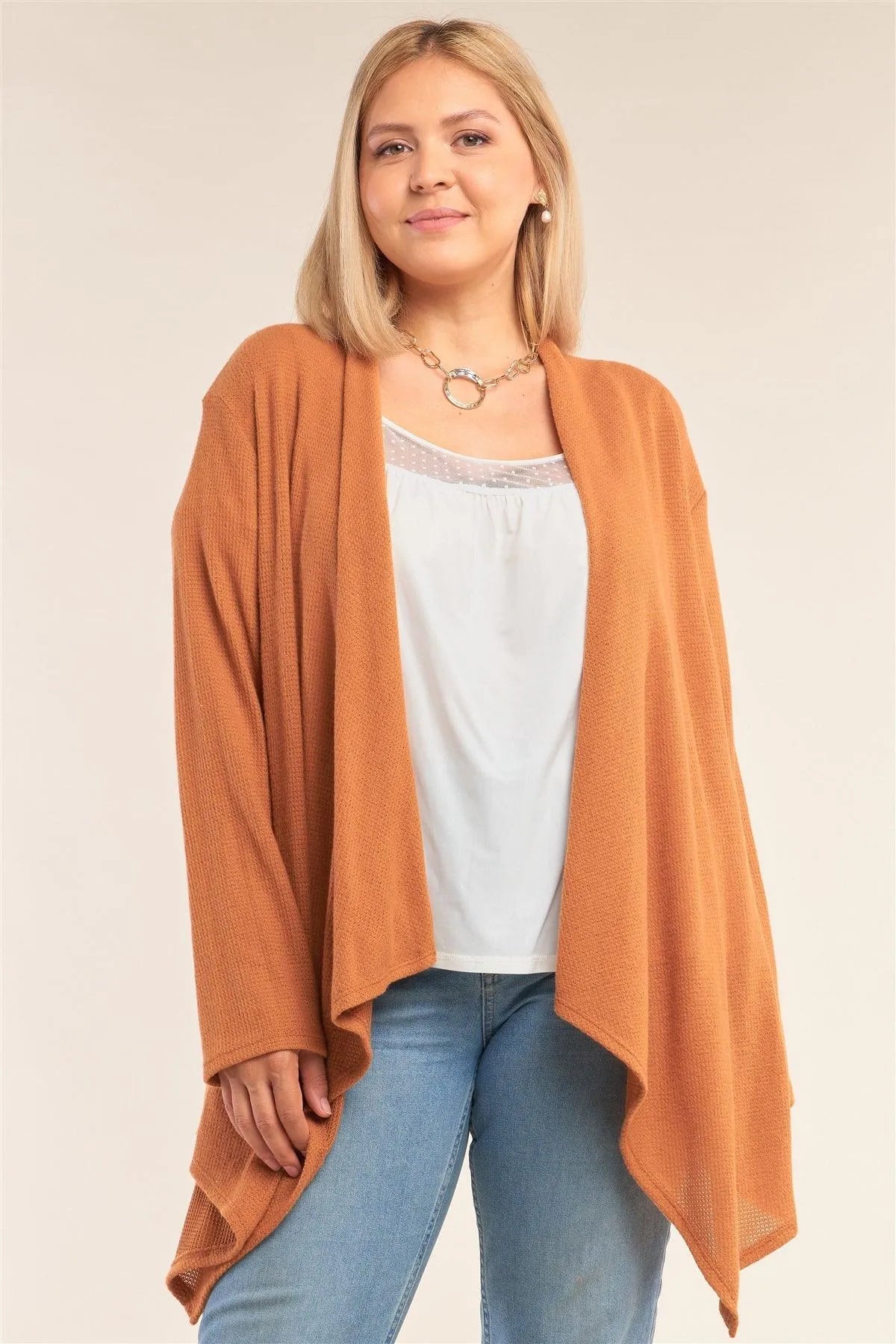 Junior Plus Size Mustard Knit Asymmetrical Pleated Collar Cardigan - Tasha Apparel Wholesale