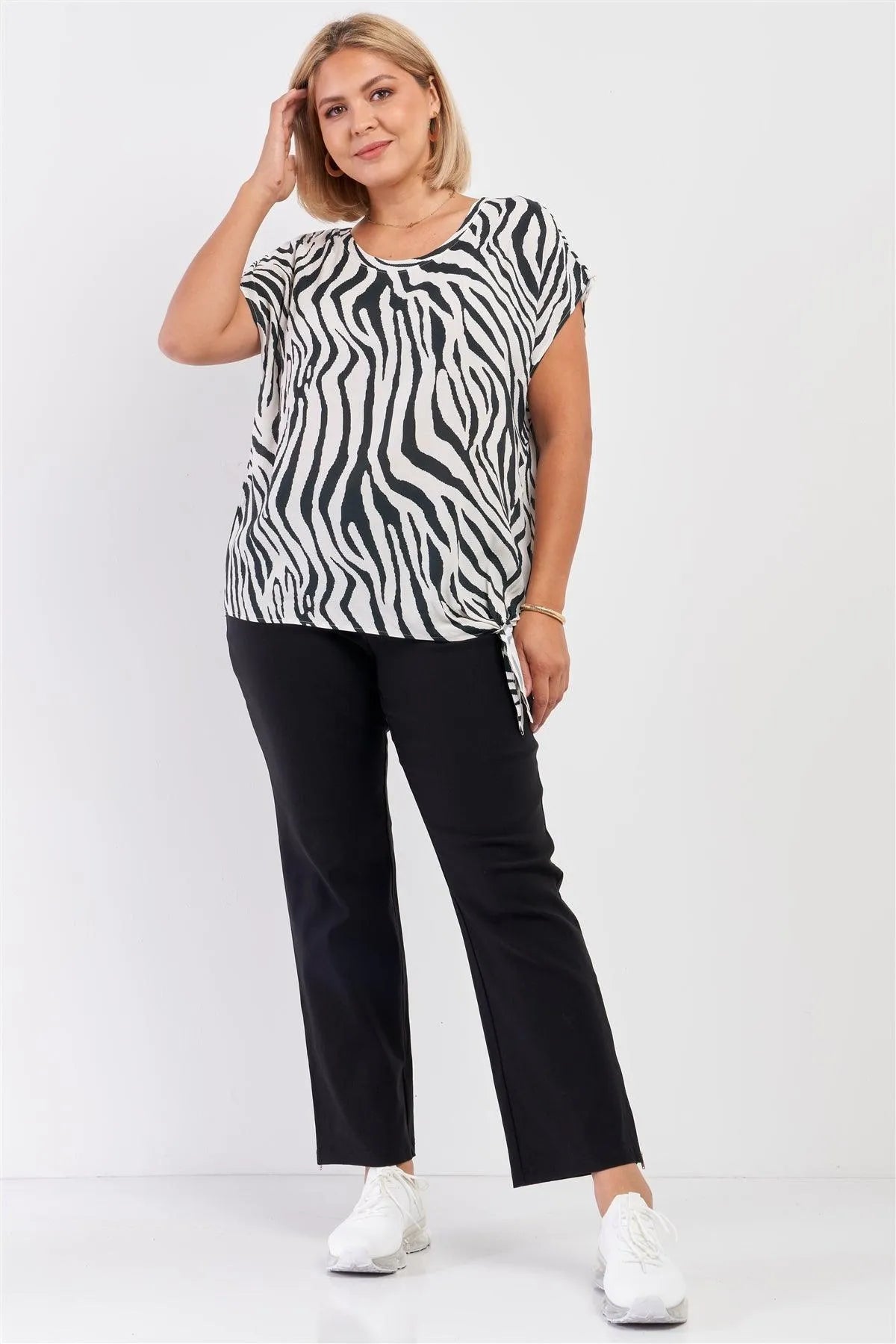 Junior Plus Black & White Zebra Print Sleeveless Self-Tie Detail Relaxed Fit Crew Neck Top /2-2-1 - Tasha Apparel Wholesale