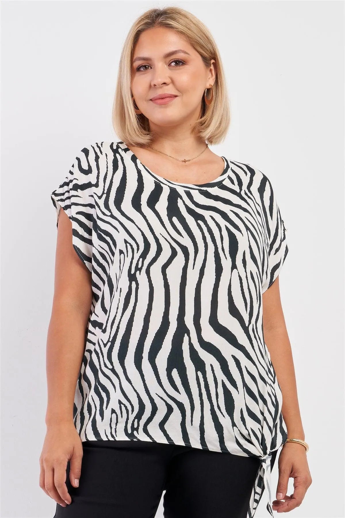 Junior Plus Black & White Zebra Print Sleeveless Self-Tie Detail Relaxed Fit Crew Neck Top /2-2-1 - Tasha Apparel Wholesale