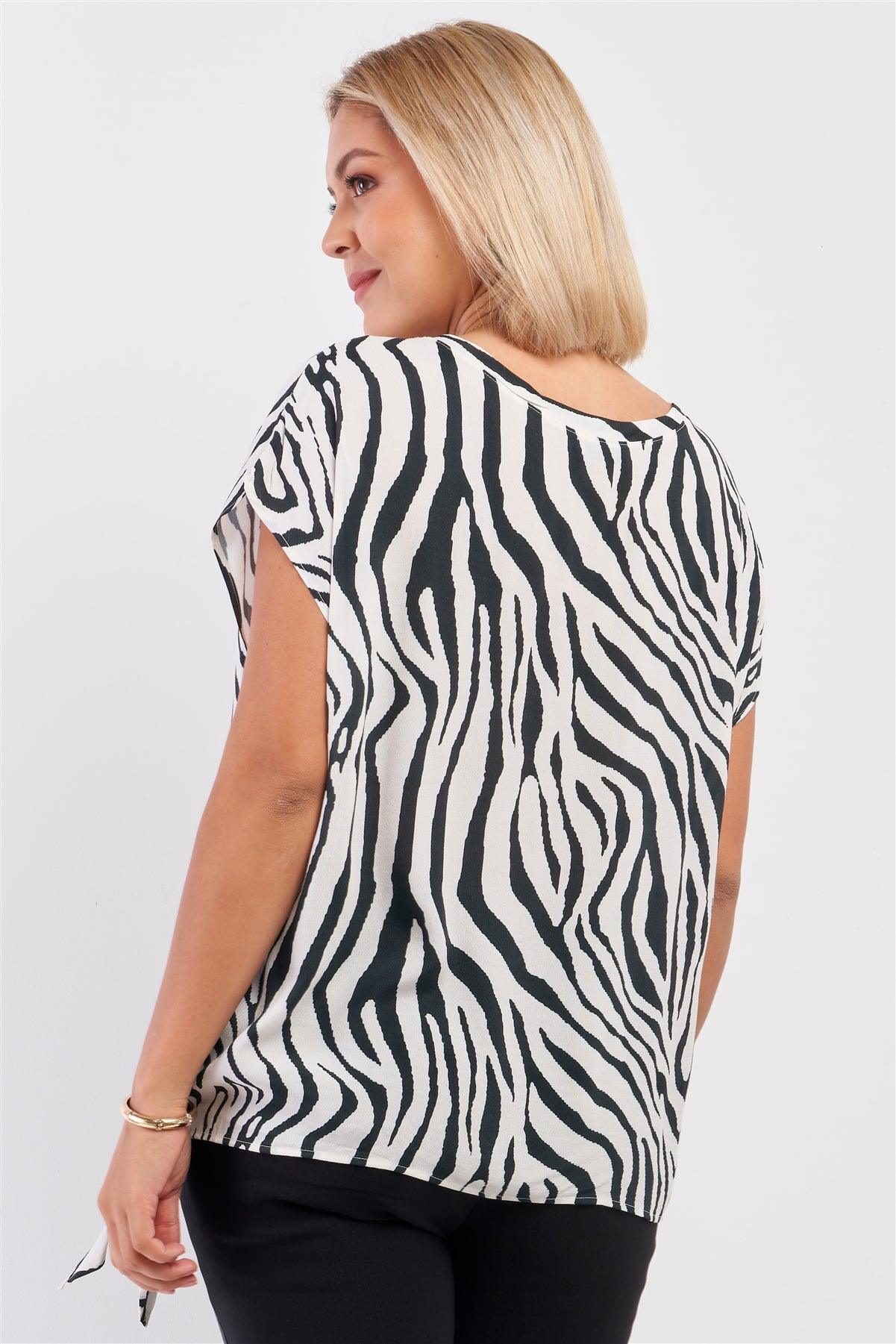 Junior Plus Black & White Zebra Print Sleeveless Self-Tie Detail Relaxed Fit Crew Neck Top /3-2-1