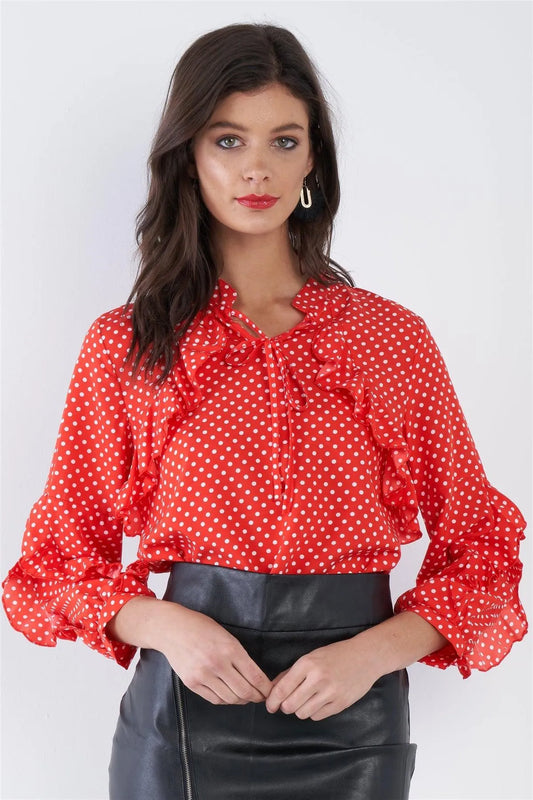 Red White Polkadot Frill Trim 3/4 Sleeve Neck Tie Casual Top /2-2-2 - Tasha Apparel Wholesale