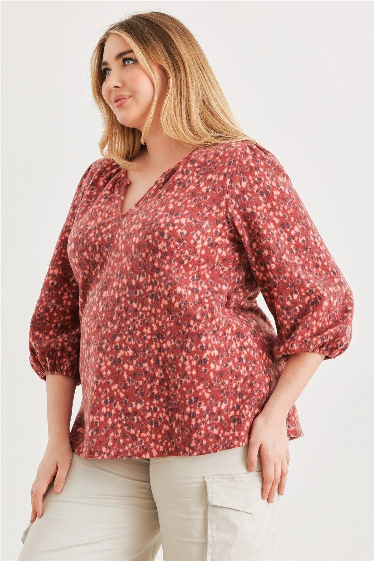 Junior Plus Burgundy Floral V-Neck Midi Sleeve Soft To Touch Top /3-2-1 - Tasha Apparel Wholesale
