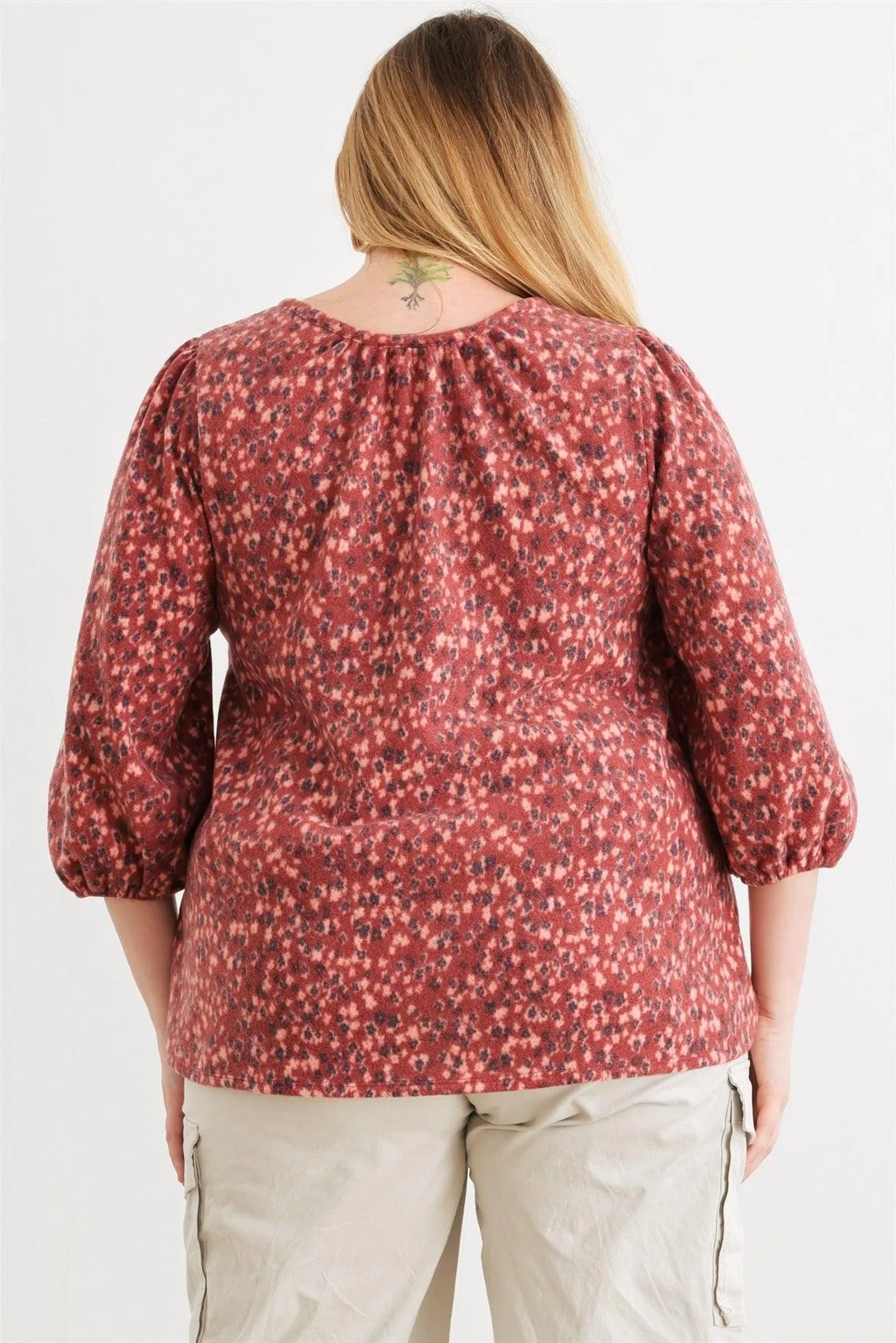 Junior Plus Burgundy Floral V-Neck Midi Sleeve Soft To Touch Top /3-2-1 - Tasha Apparel Wholesale