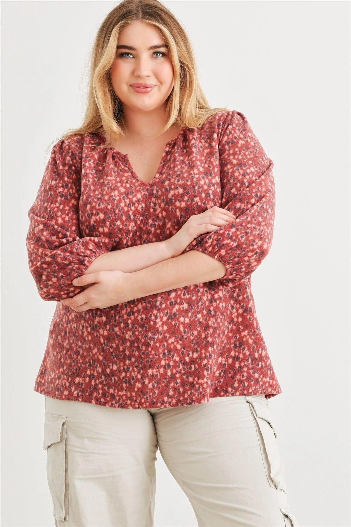 Junior Plus Burgundy Floral V-Neck Midi Sleeve Soft To Touch Top /3-2-1 - Tasha Apparel Wholesale
