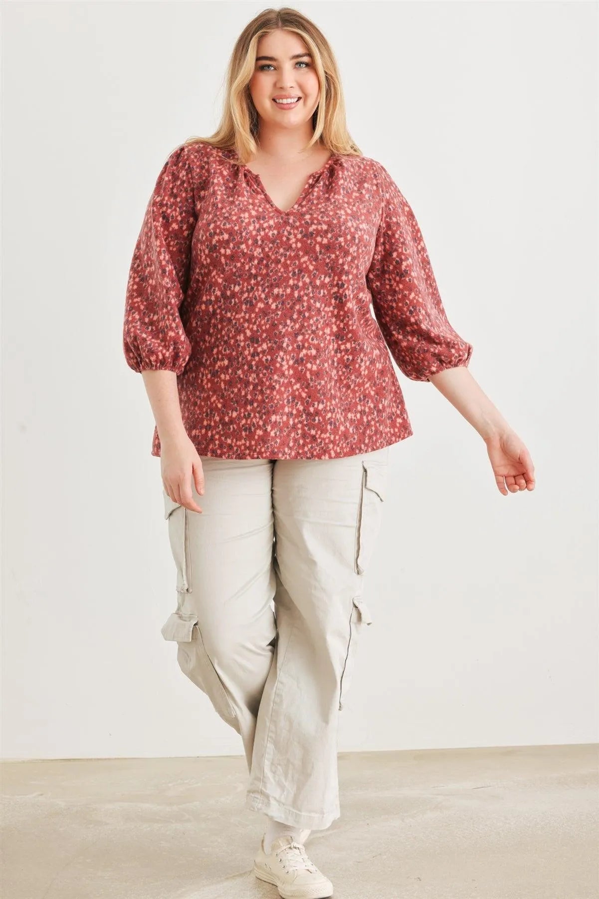 Junior Plus Burgundy Floral V-Neck Midi Sleeve Soft To Touch Top /3-2-1 - Tasha Apparel Wholesale