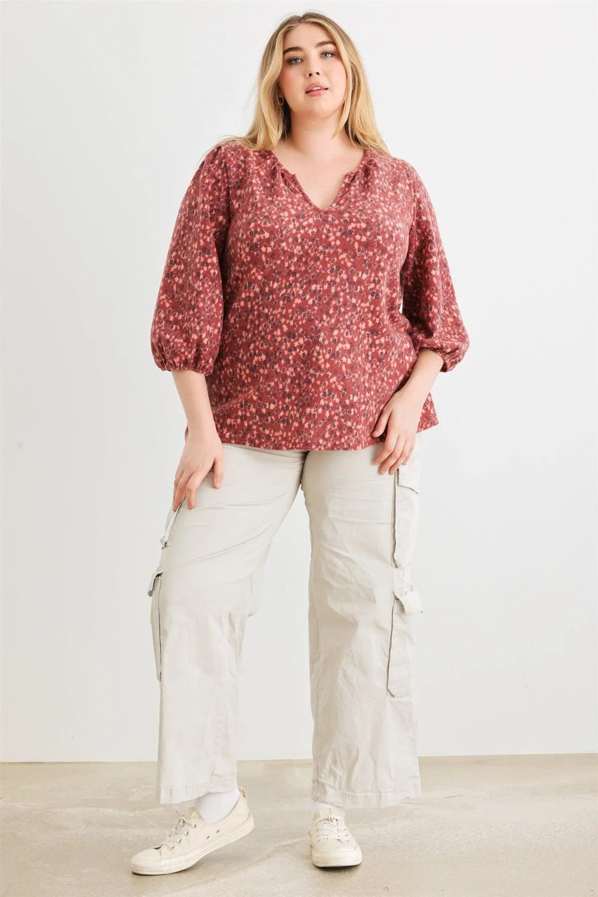 Junior Plus Burgundy Floral V-Neck Midi Sleeve Soft To Touch Top /3-2-1 - Tasha Apparel Wholesale