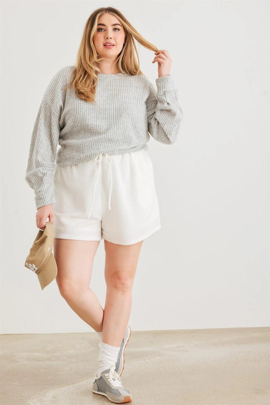 Junior Plus Heather Grey Ribbed Knit Ruched Long Sleeve Sweater /2-2-1 - Tasha Apparel Wholesale