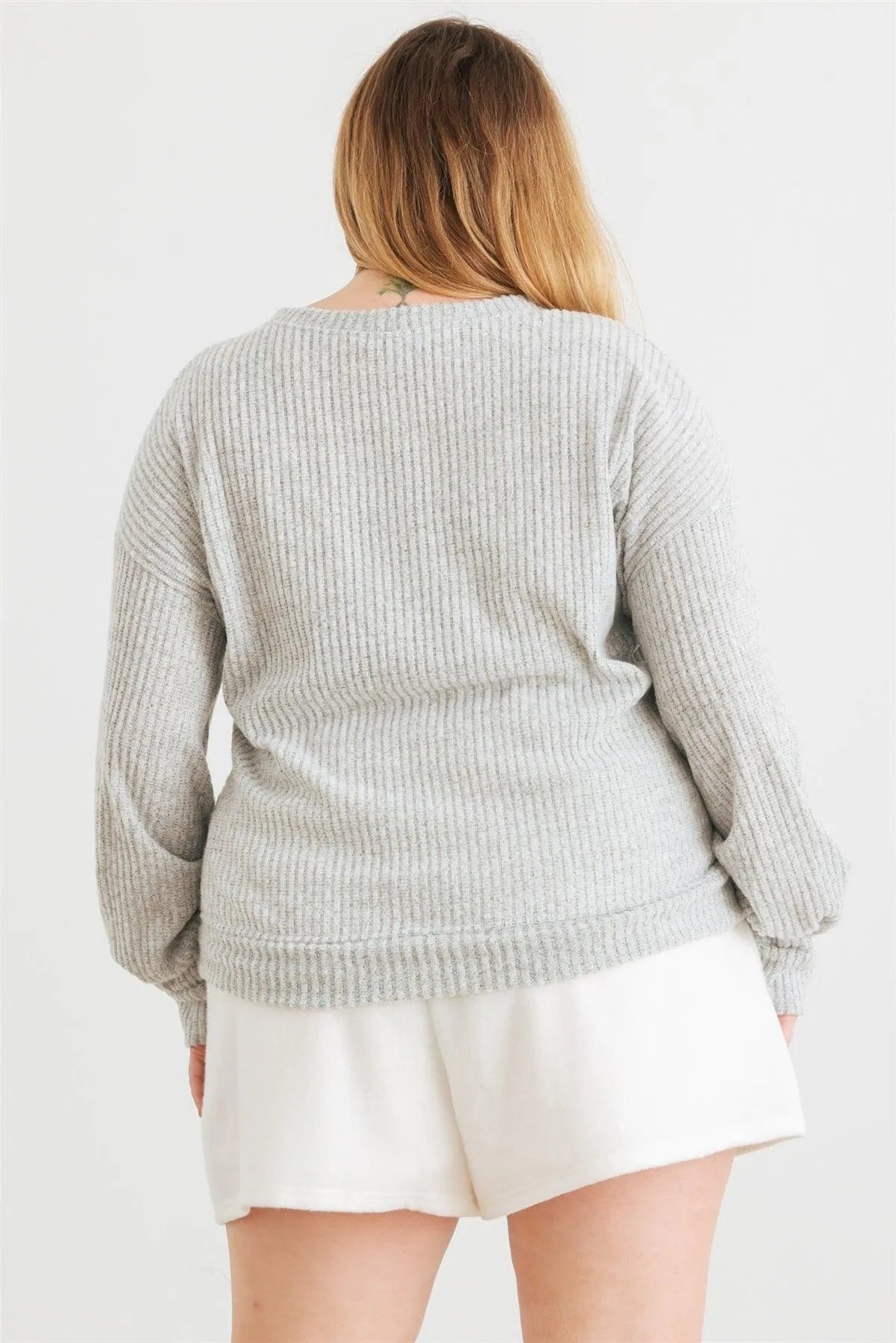 Junior Plus Heather Grey Ribbed Knit Ruched Long Sleeve Sweater /2-2-1 - Tasha Apparel Wholesale