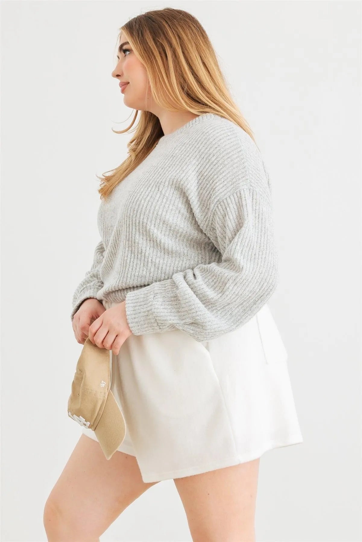 Junior Plus Heather Grey Ribbed Knit Ruched Long Sleeve Sweater /2-2-1 - Tasha Apparel Wholesale