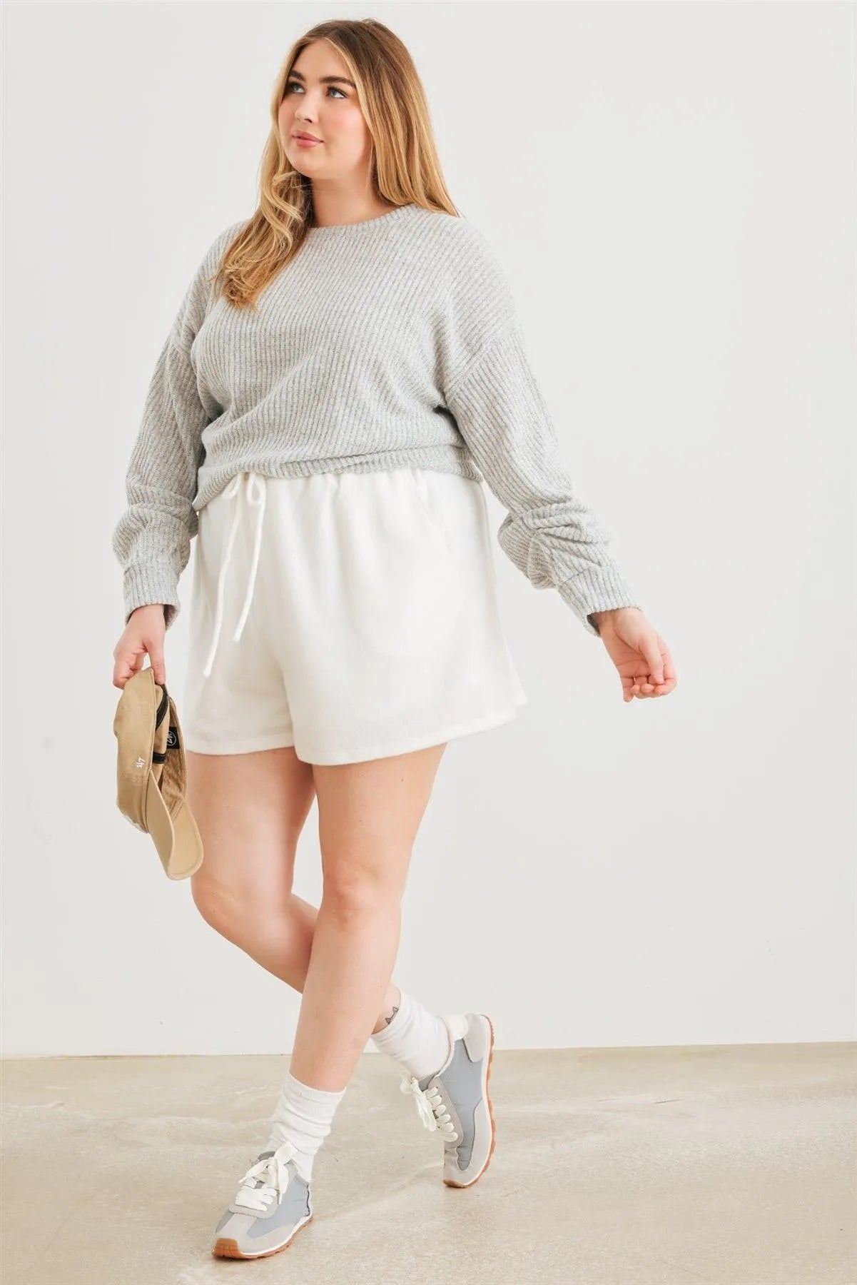 Junior Plus Heather Grey Ribbed Knit Ruched Long Sleeve Sweater /2-2-1 - Tasha Apparel Wholesale