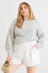 Junior Plus Heather Grey Ribbed Knit Ruched Long Sleeve Sweater /3-2-1