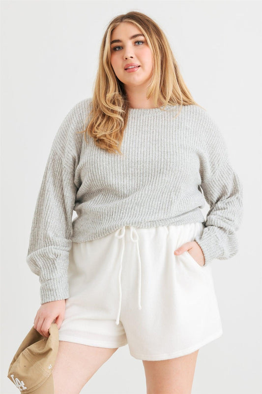 Junior Plus Heather Grey Ribbed Knit Ruched Long Sleeve Sweater /3-2-1