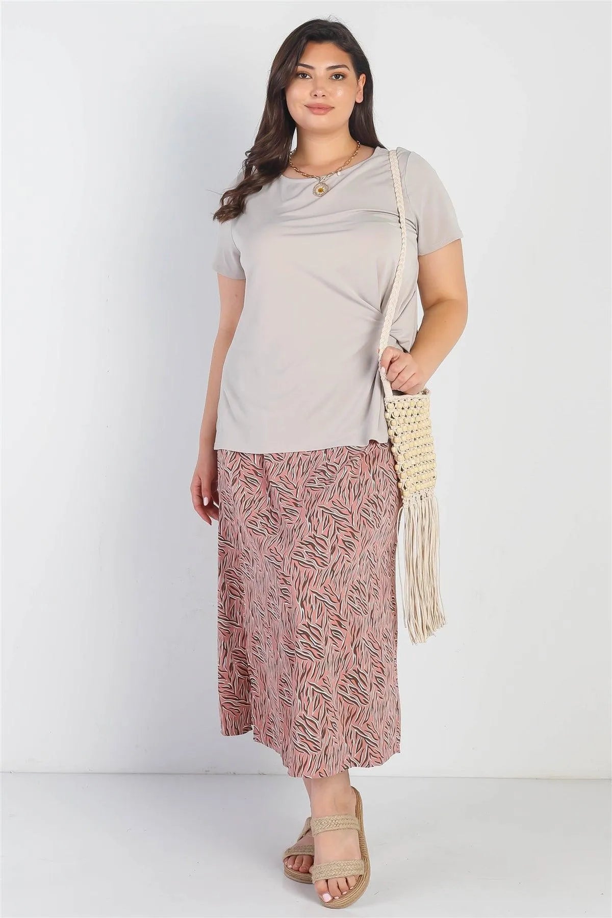 Junior Plus Taupe Twist Detail Round Neck Short Sleeve Top /3-2-1 - Tasha Apparel Wholesale