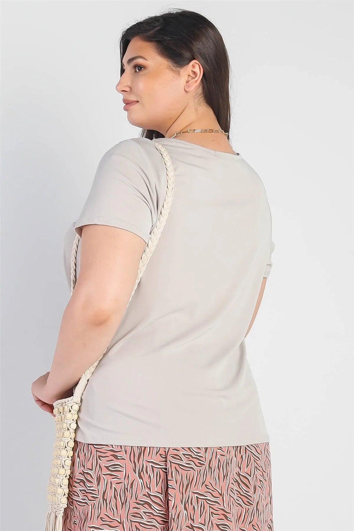 Junior Plus Taupe Twist Detail Round Neck Short Sleeve Top /4-2-1 - Tasha Apparel Wholesale