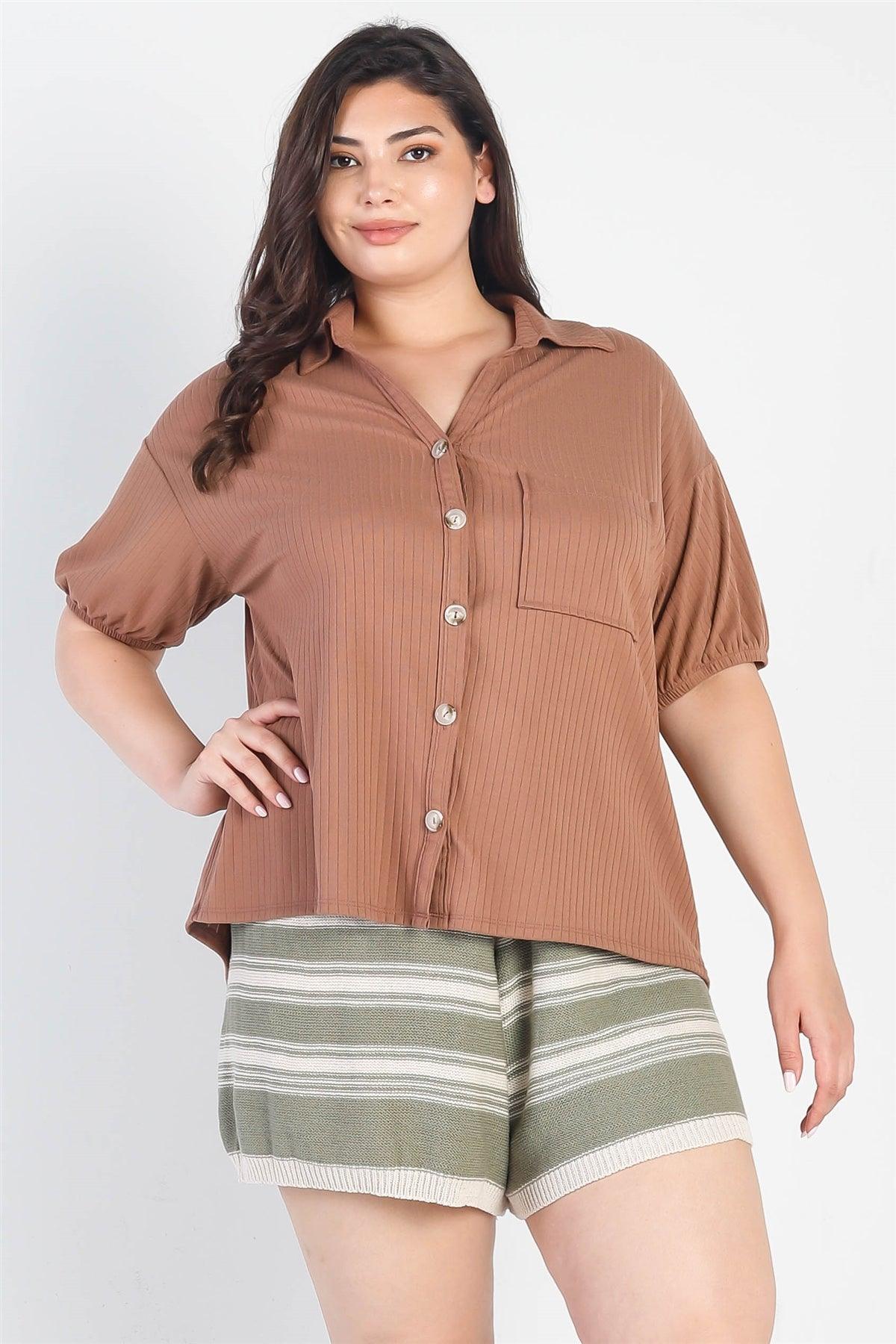Junior Plus Mocha Ribbed Button-Up Collared Top /3-2-1