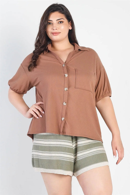 Junior Plus Mocha Ribbed Button-Up Collared Top /3-2-1 - Tasha Apparel Wholesale