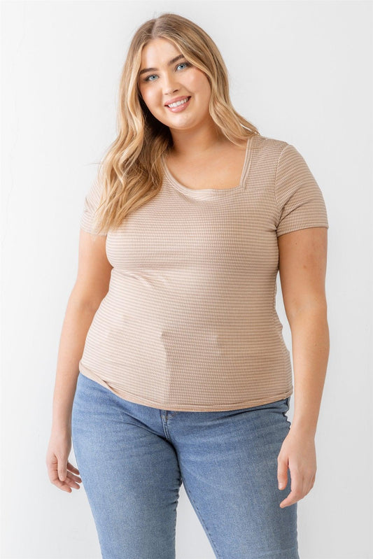 Junior Plus Taupe Waffle Knit Short Sleeve Top /3-2-1