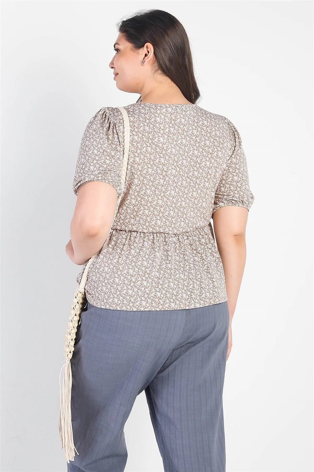 Junior Plus Taupe & Ivory Floral Print Button Up Detail Flare Hem Top /1-1-1 - Tasha Apparel Wholesale