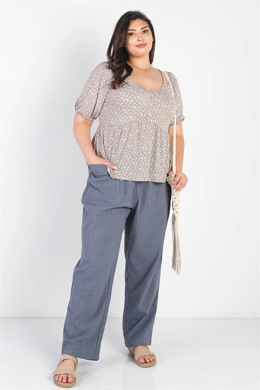 Junior Plus Taupe & Ivory Floral Print Button Up Detail Flare Hem Top /3-2-1 - Tasha Apparel Wholesale