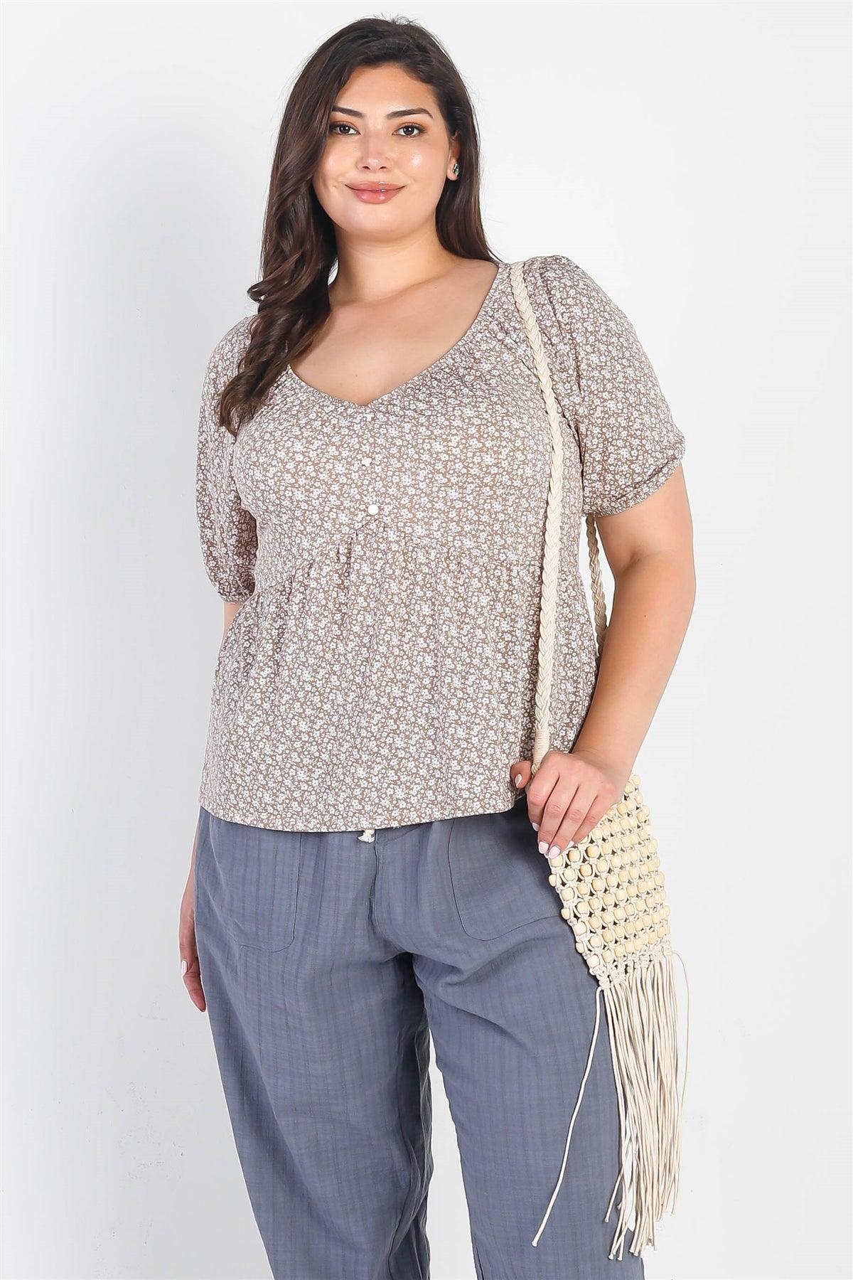 Junior Plus Taupe & Ivory Floral Print Button Up Detail Flare Hem Top /3-2-1