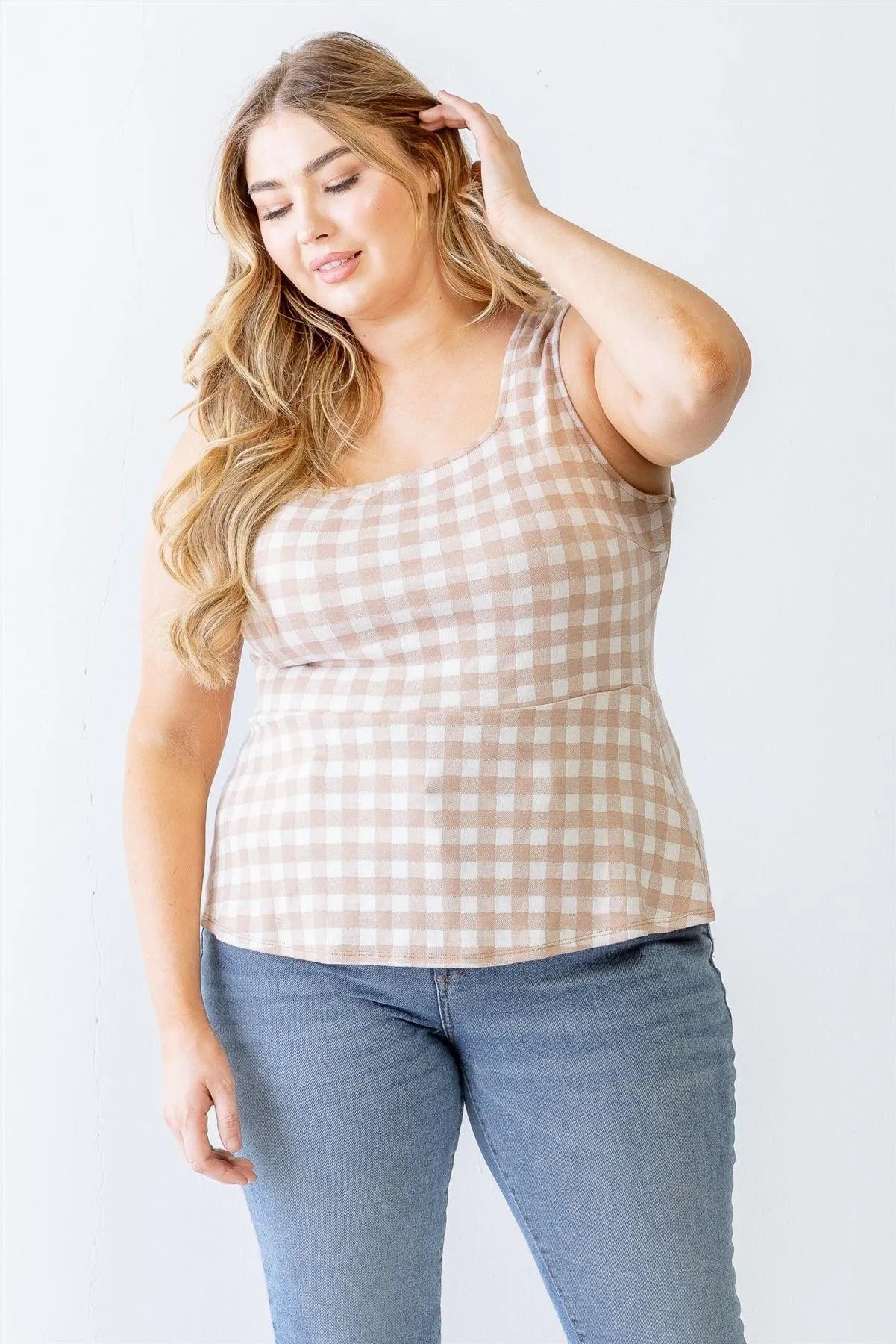 Junior Plus Taupe & White Plaid Sleeveless Flare Hem Top /2-2-1 - Tasha Apparel Wholesale