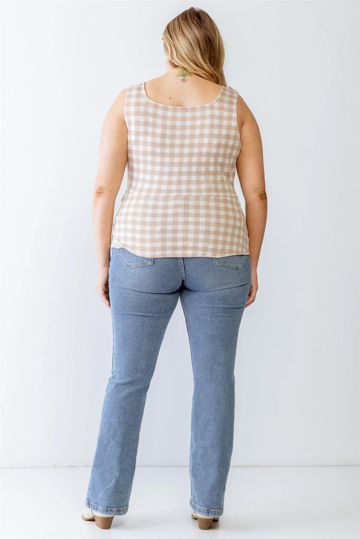 Junior Plus Taupe & White Plaid Sleeveless Flare Hem Top /3-2-1 - Tasha Apparel Wholesale