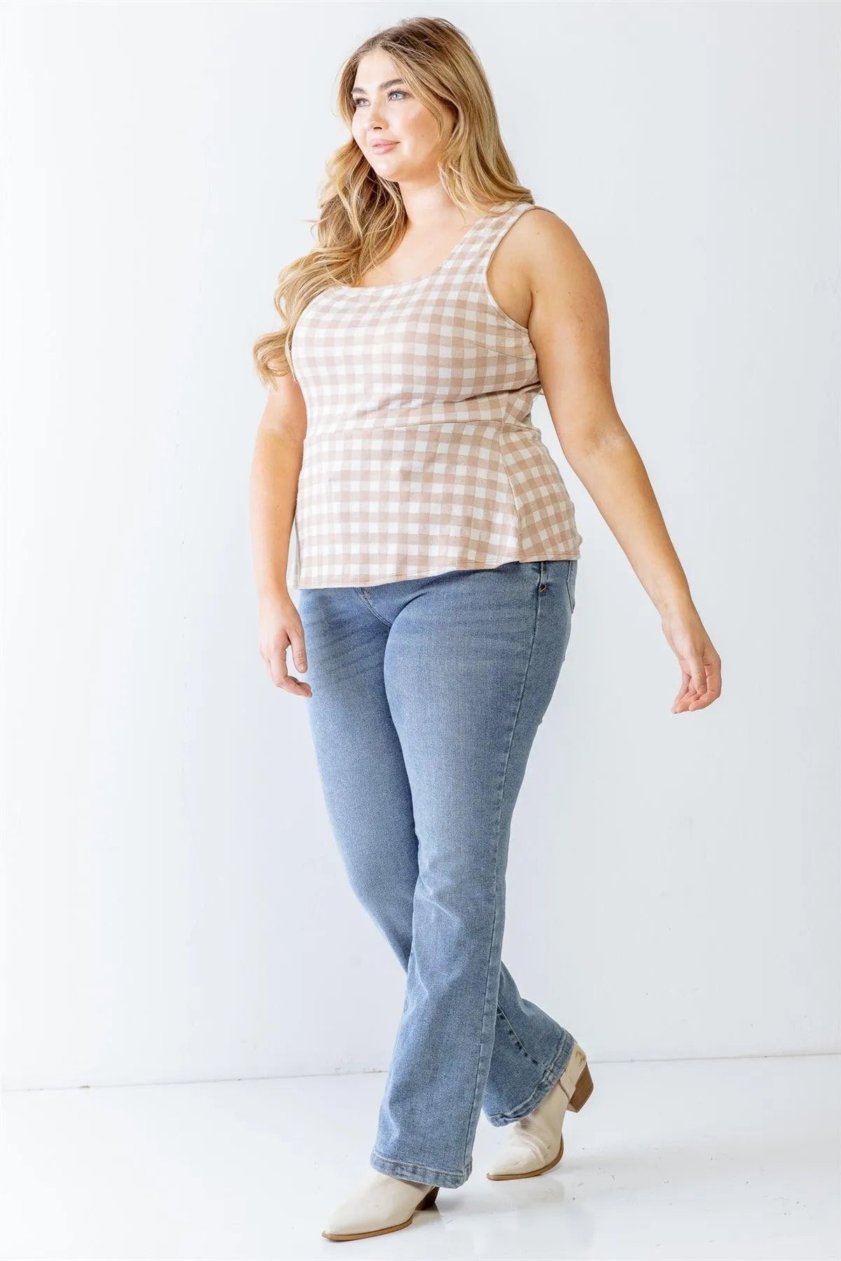 Junior Plus Taupe & White Plaid Sleeveless Flare Hem Top /3-2-1 - Tasha Apparel Wholesale