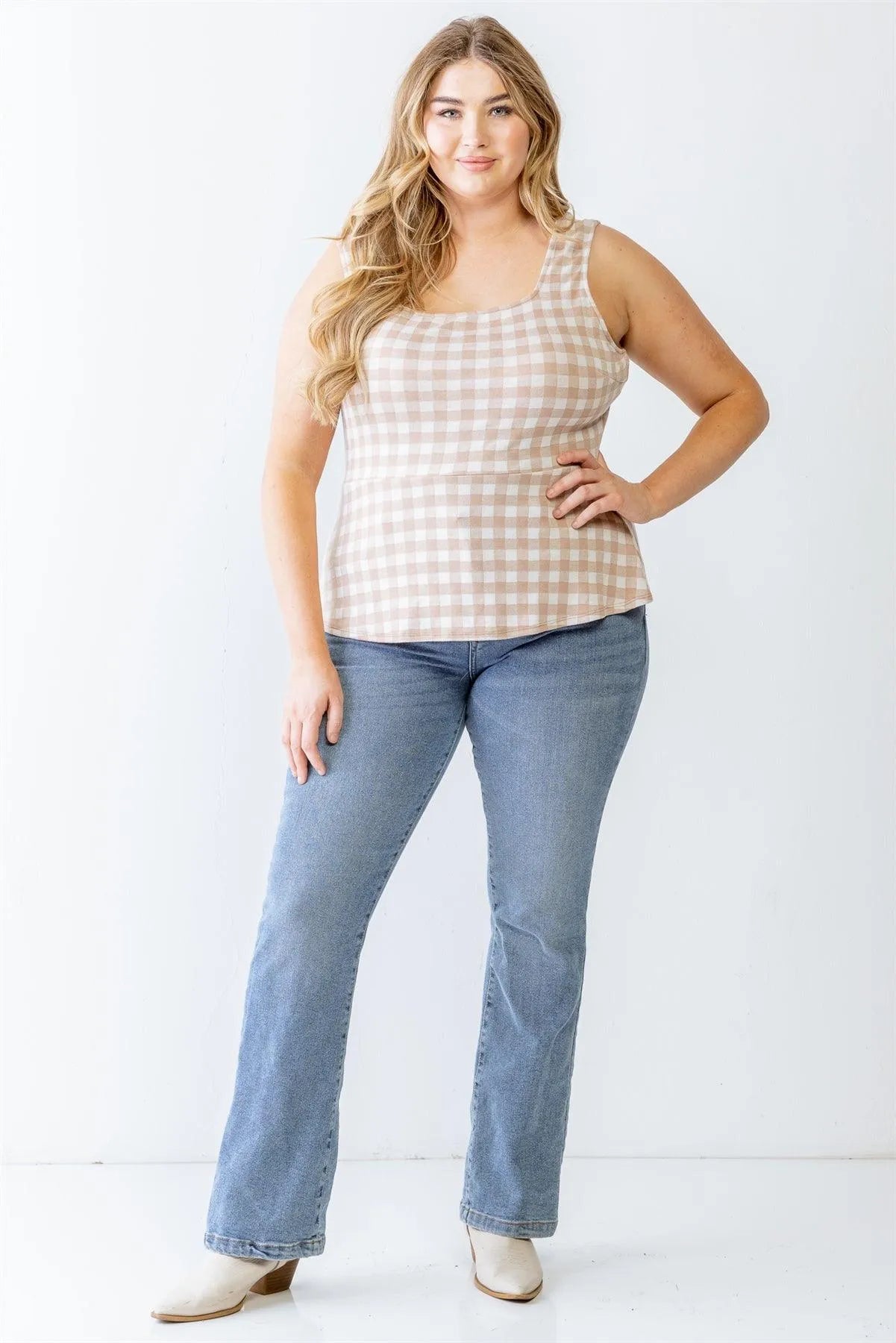 Junior Plus Taupe & White Plaid Sleeveless Flare Hem Top /3-2-1 - Tasha Apparel Wholesale