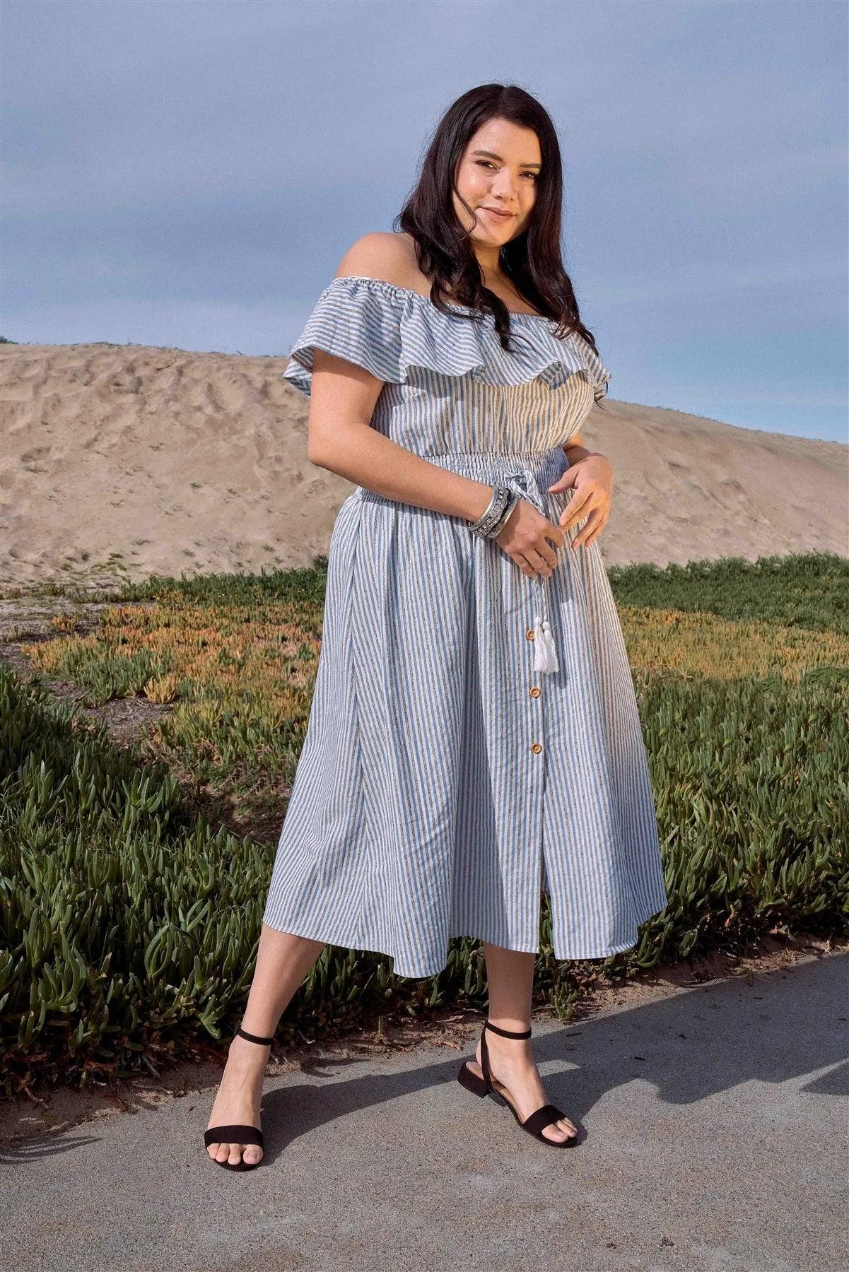 Plus Size Mixed Linen Blue Stripe Off-The Shoulder Midi Mock Button Front Dress /1-2-2-1 - Tasha Apparel Wholesale