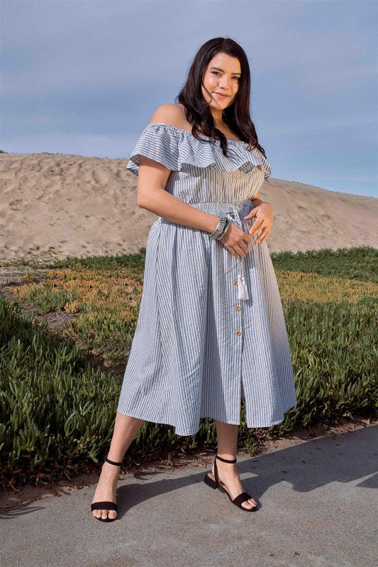 Plus Size Mixed Linen Blue Stripe Off-The Shoulder Midi Mock Button Front Dress /1-2-2-1 - Tasha Apparel Wholesale