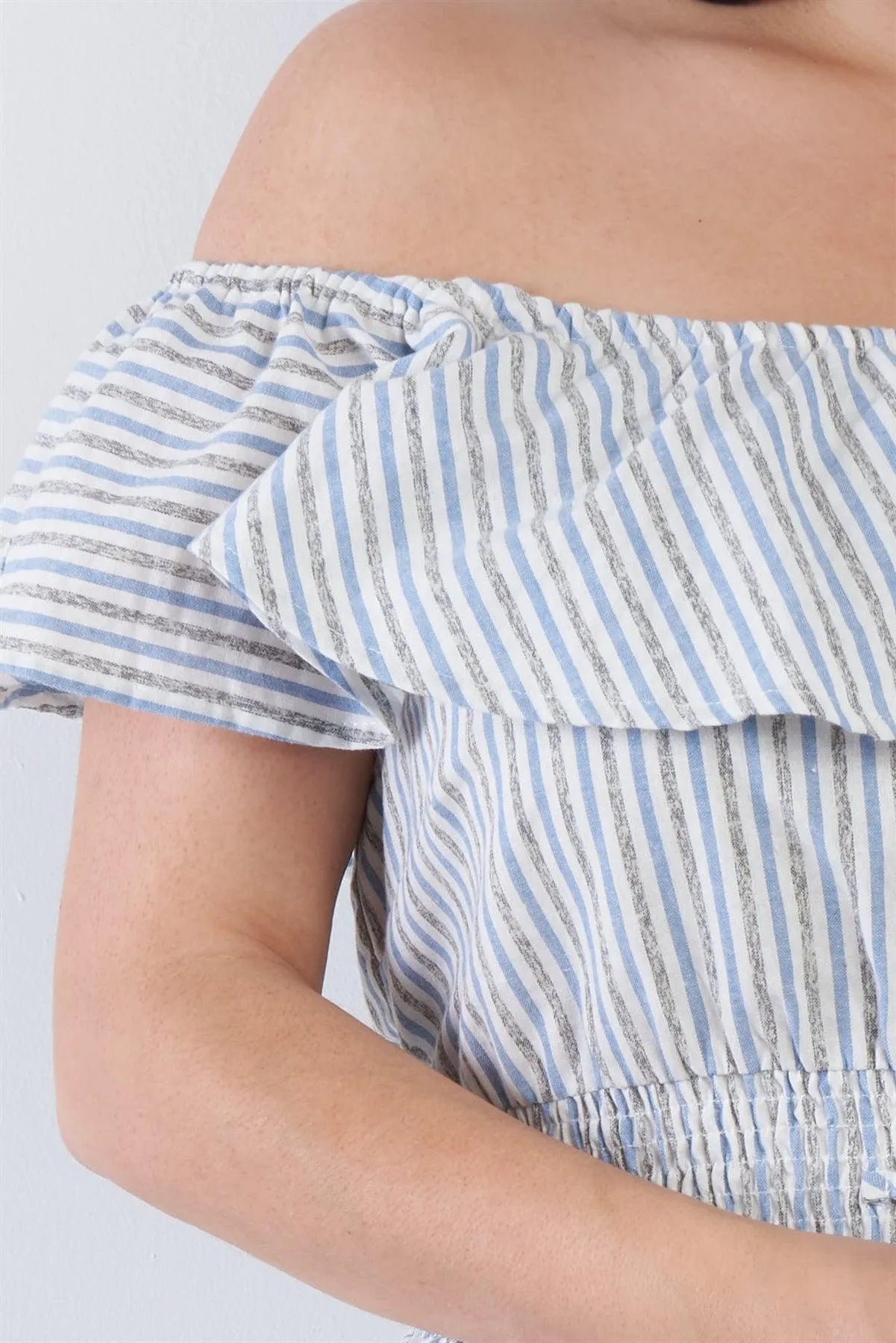 Plus Size Mixed Linen Blue Stripe Off-The Shoulder Midi Mock Button Front Dress /1-2-2-1 - Tasha Apparel Wholesale
