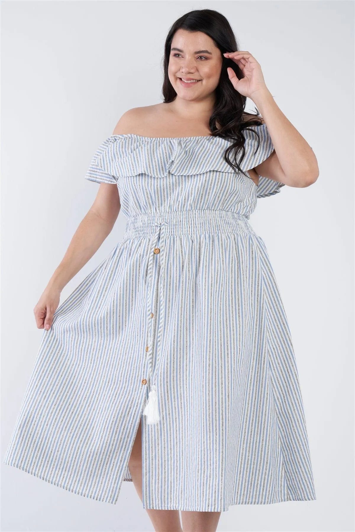Plus Size Mixed Linen Blue Stripe Off-The Shoulder Midi Mock Button Front Dress /1-2-2-1 - Tasha Apparel Wholesale